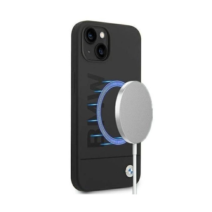 Dėklas BMW BMHMP14MSLBLBK iPhone 14 Plus 6.7 juodas / juodas deklas Silikoninis Signature Logo Magsafe