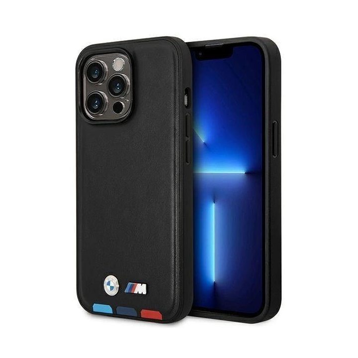 Dėklas BMW BMHMP14X22PTDK iPhone 14 Pro Max 6.7 black / black Leather Stamp Tricolor Magsafe