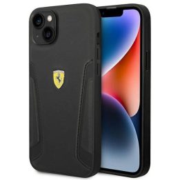 Ferrari FEHCP14MRBUK iPhone 14 Plus 6,7 juodos/juodos spalvos deklas Odiniai šonai su įspaudais