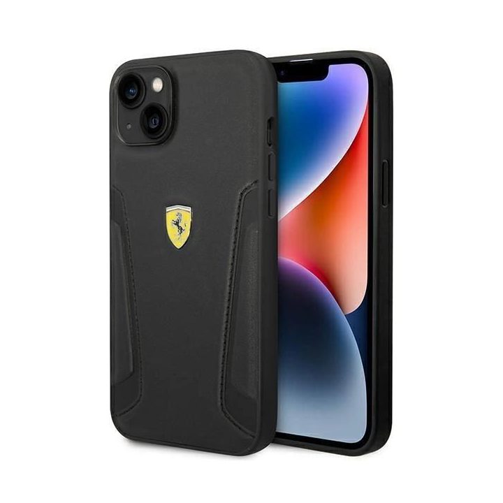 Ferrari FEHCP14MRBUK iPhone 14 Plus 6,7 juodos/juodos spalvos deklas Odiniai šonai su įspaudais