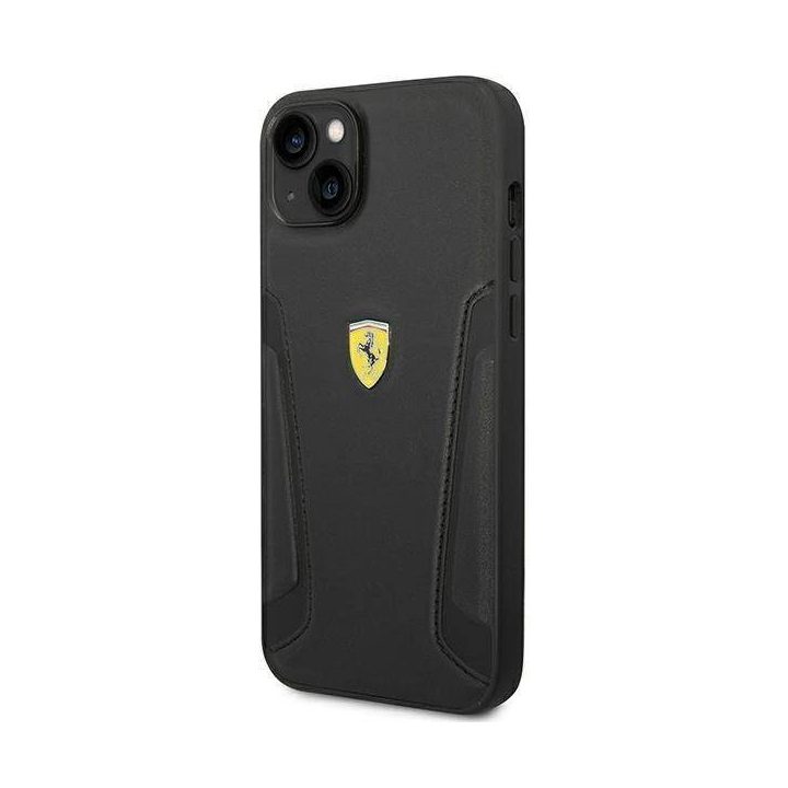 Ferrari FEHCP14MRBUK iPhone 14 Plus 6,7 juodos/juodos spalvos deklas Odiniai šonai su įspaudais