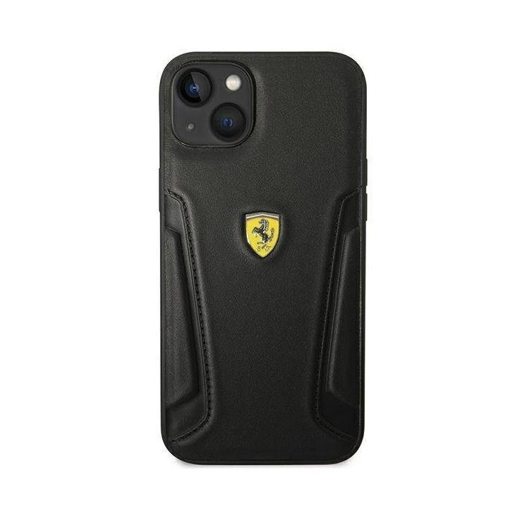 Ferrari FEHCP14MRBUK iPhone 14 Plus 6,7 juodos/juodos spalvos deklas Odiniai šonai su įspaudais