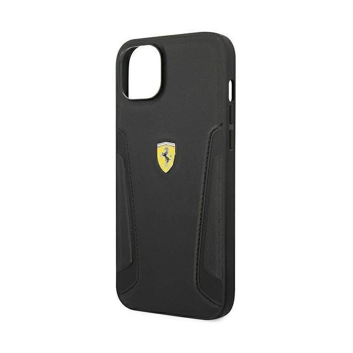 Ferrari FEHCP14MRBUK iPhone 14 Plus 6,7 juodos/juodos spalvos deklas Odiniai šonai su įspaudais