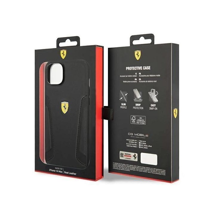 Ferrari FEHCP14MRBUK iPhone 14 Plus 6,7 juodos/juodos spalvos deklas Odiniai šonai su įspaudais