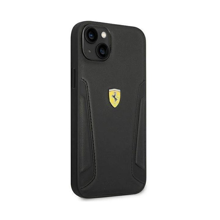 Ferrari FEHCP14MRBUK iPhone 14 Plus 6,7 juodos/juodos spalvos deklas Odiniai šonai su įspaudais