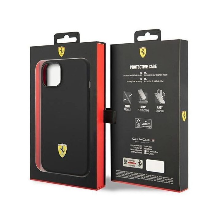 Ferrari FEHCP14MSIBBK iPhone 14 Plus 6,7 juodos/juodos spalvos deklas silikoninis metalinis logotipas