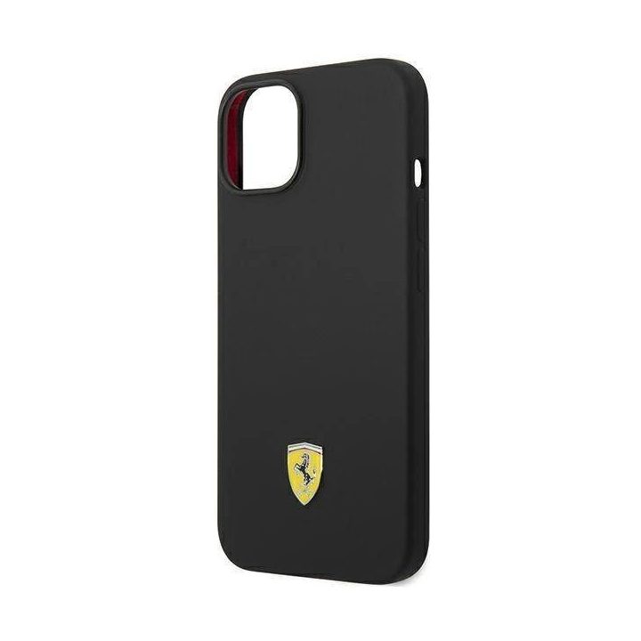 Ferrari FEHCP14MSIBBK iPhone 14 Plus 6,7 juodos/juodos spalvos deklas silikoninis metalinis logotipas