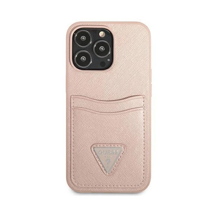 Guess GUHCP13LPSATPP iPhone 13 Pro / 13 6,1 rožinis / rožinis deklas SaffianoTriangle Logo Cardslot