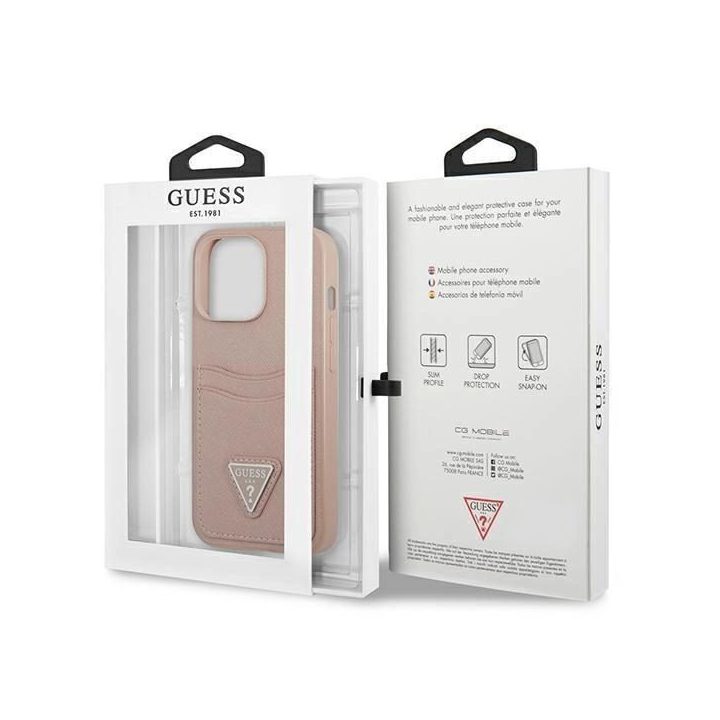 Guess GUHCP13LPSATPP iPhone 13 Pro / 13 6,1 rožinis / rožinis deklas SaffianoTriangle Logo Cardslot