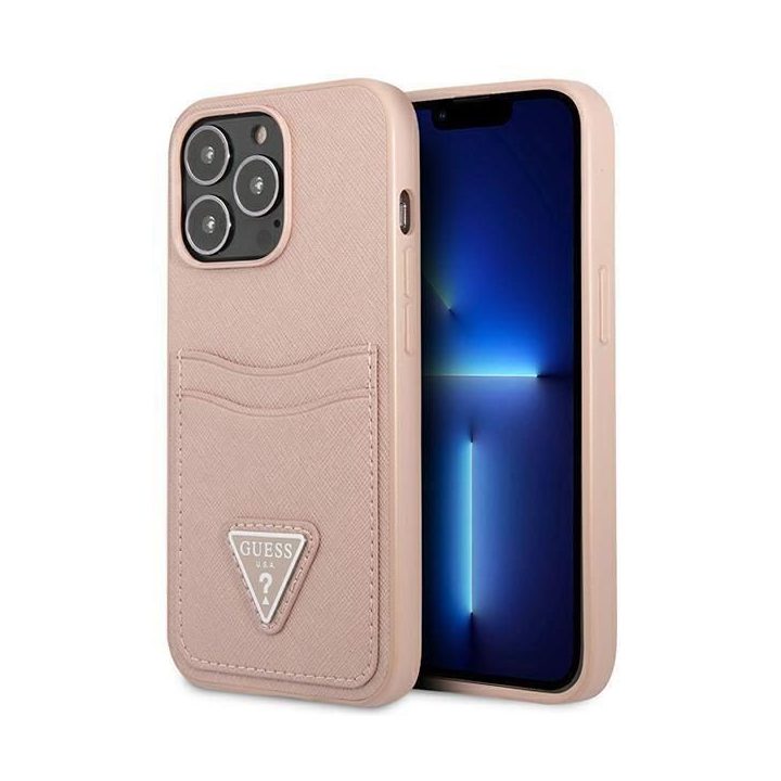 Guess GUHCP13LPSATPP iPhone 13 Pro / 13 6,1 rožinis / rožinis deklas SaffianoTriangle Logo Cardslot