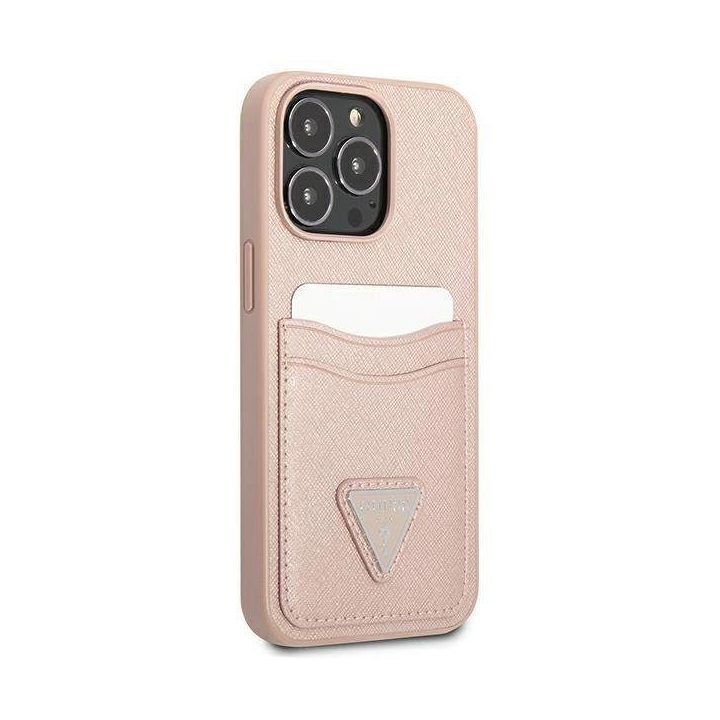 Guess GUHCP13LPSATPP iPhone 13 Pro / 13 6,1 rožinis / rožinis deklas SaffianoTriangle Logo Cardslot
