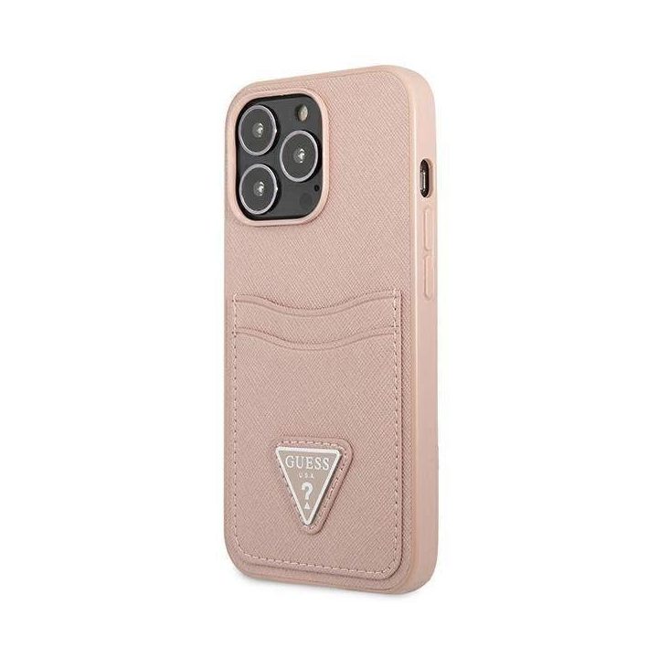 Guess GUHCP13LPSATPP iPhone 13 Pro / 13 6,1 rožinis / rožinis deklas SaffianoTriangle Logo Cardslot