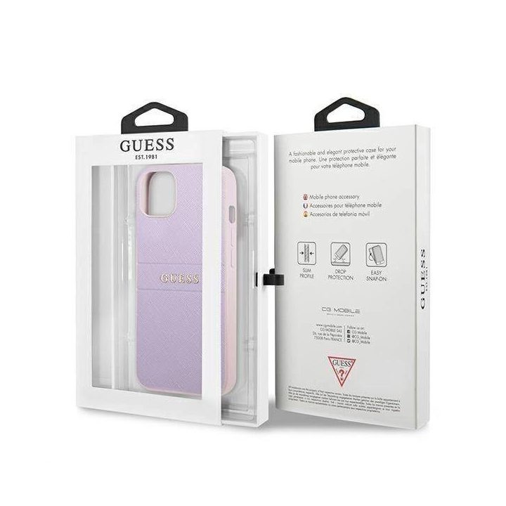 Guess GUHCP13SPSASBPU iPhone 13 mini 5,4 violetinė / violetinė Saffiano karštas antspaudas ir metalinis logotipas