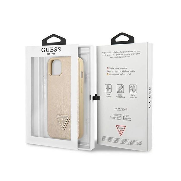 Guess GUHCP13SPSATLE iPhone 13 mini 5,4 smėlio/smėlio spalvos deklas SaffianoTriangle Logo