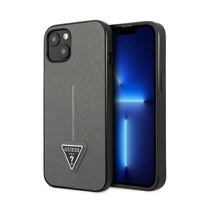 Guess GUHCP13SPSATLG iPhone 13 mini 5,4 sidabro / sidabro spalvos deklas SaffianoTriangle Logo