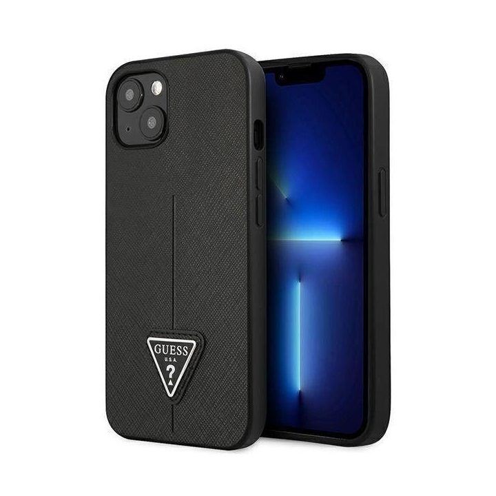 Guess GUHCP13SPSATLK iPhone 13 mini 5,4 juodas / juodas deklas SaffianoTriangle Logo