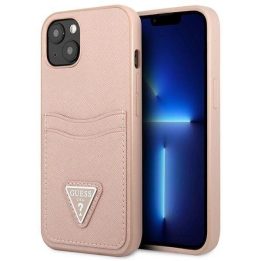 Guess GUHCP13SPSATPP iPhone 13 mini 5,4 rožinis / rožinis deklas SaffianoTriangle Logo Cardslot