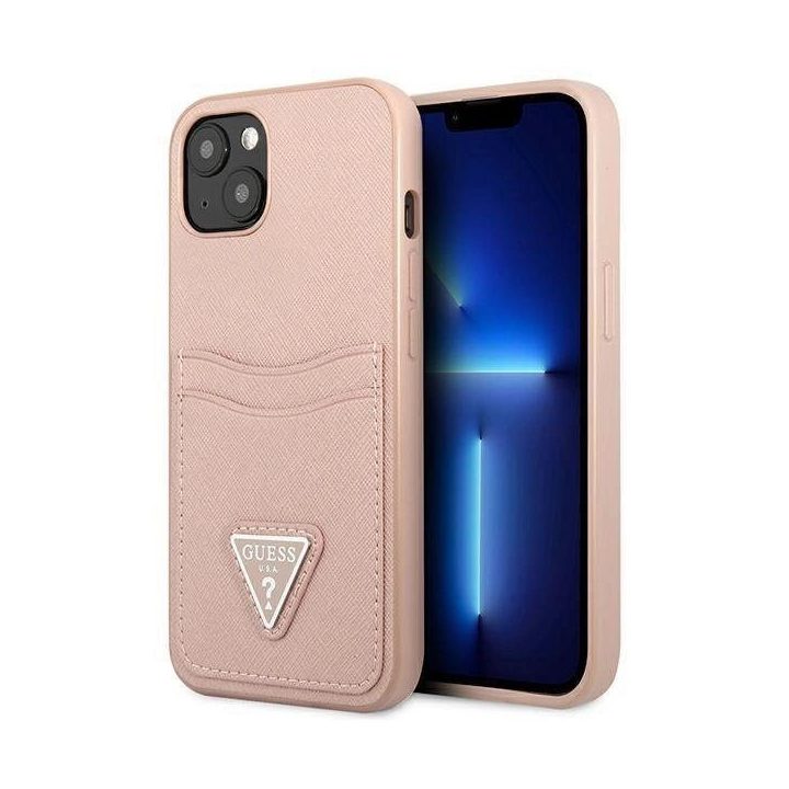 Guess GUHCP13SPSATPP iPhone 13 mini 5,4 rožinis / rožinis deklas SaffianoTriangle Logo Cardslot