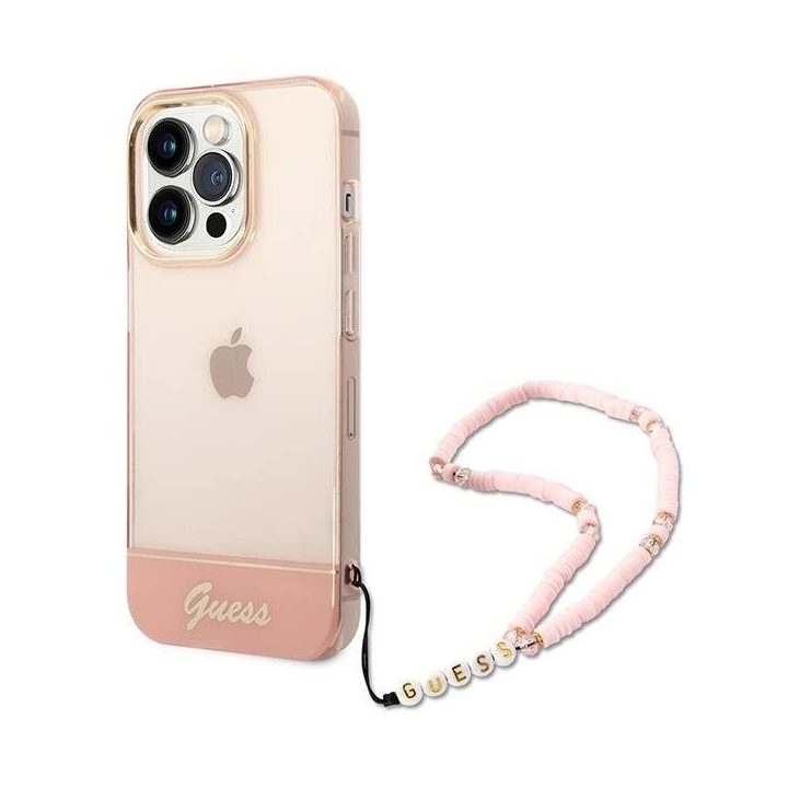 Guess GUHCP14LHGCOHP iPhone 14 Pro 6,1 rožinės/rožinės spalvos deklas Permatomas perlamutrinis dirželis