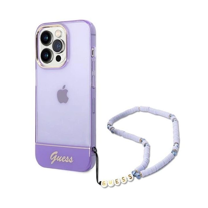 Guess GUHCP14LHGCOHU iPhone 14 Pro 6,1 violetinės/violetinės spalvos deklas Permatomas perlamutrinis dirželis