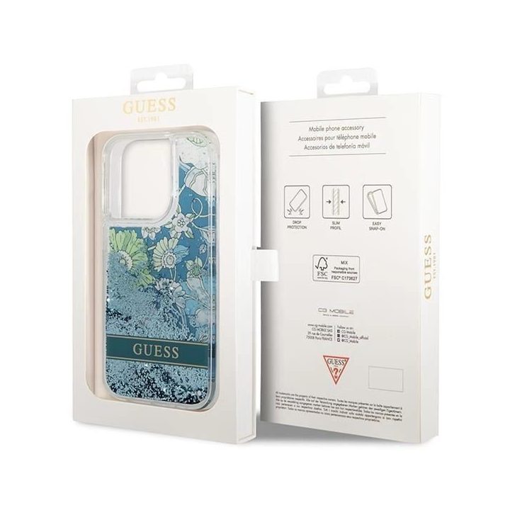 Guess GUHCP14LLFLSN iPhone 14 Pro 6,1 , žalias/žalias deklas Flower Liquid Glitter