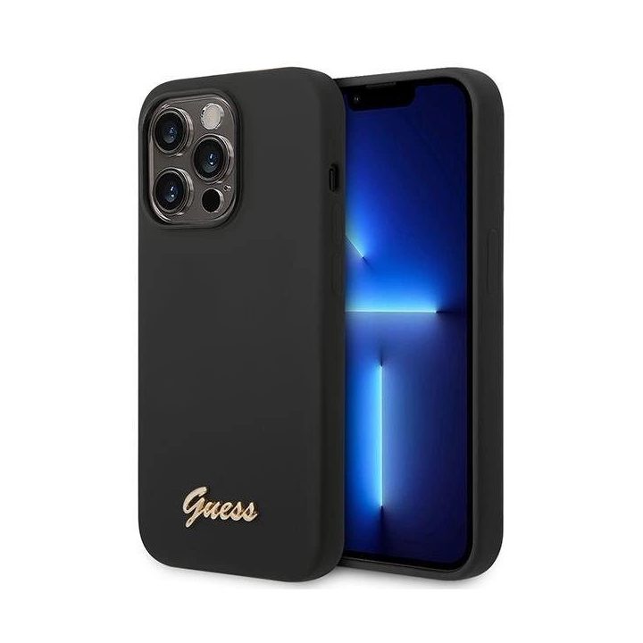 Guess silikoninis dėklas iPhone 14 Pro 6.1, juodas, auksinis logotipas