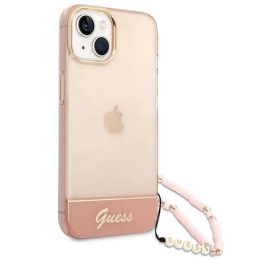 Guess GUHCP14MHGGCOHP iPhone 14 Plus 6,7 rožinės/rožinės spalvos deklas permatomas perlų dirželis