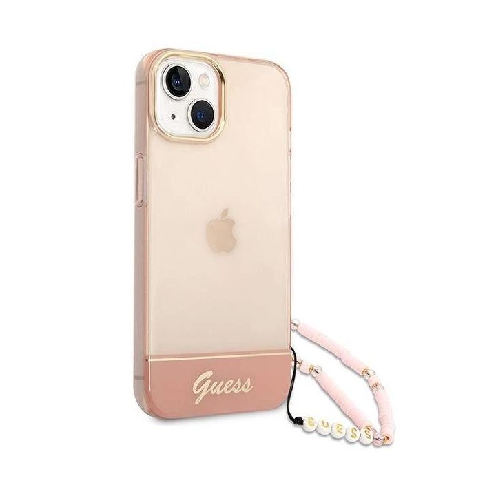 Guess GUHCP14MHGGCOHP iPhone 14 Plus 6,7 rožinės/rožinės spalvos deklas permatomas perlų dirželis