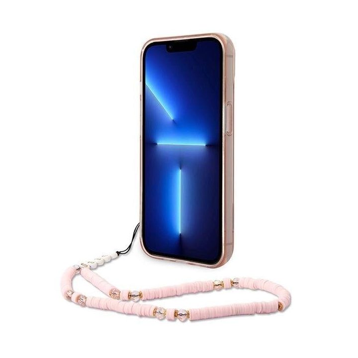 Guess GUHCP14MHGGCOHP iPhone 14 Plus 6,7 rožinės/rožinės spalvos deklas permatomas perlų dirželis