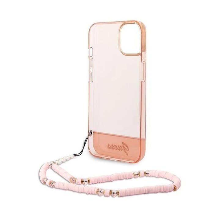 Guess GUHCP14MHGGCOHP iPhone 14 Plus 6,7 rožinės/rožinės spalvos deklas permatomas perlų dirželis