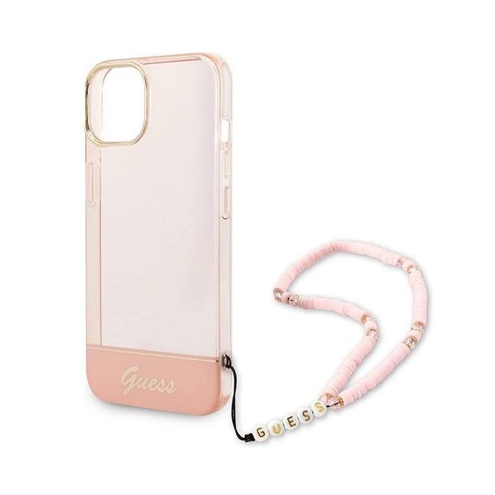 Guess GUHCP14MHGGCOHP iPhone 14 Plus 6,7 rožinės/rožinės spalvos deklas permatomas perlų dirželis