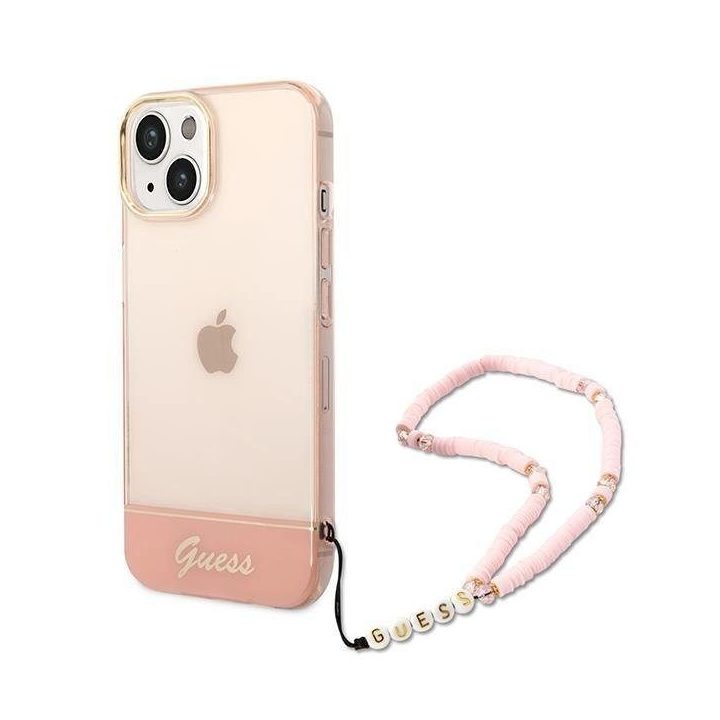 Guess GUHCP14MHGGCOHP iPhone 14 Plus 6,7 rožinės/rožinės spalvos deklas permatomas perlų dirželis