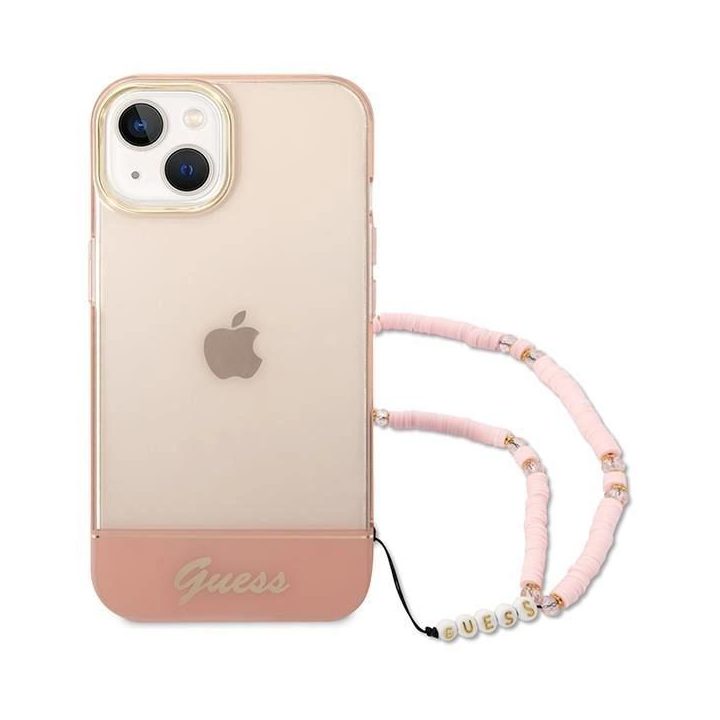 Guess GUHCP14MHGGCOHP iPhone 14 Plus 6,7 rožinės/rožinės spalvos deklas permatomas perlų dirželis