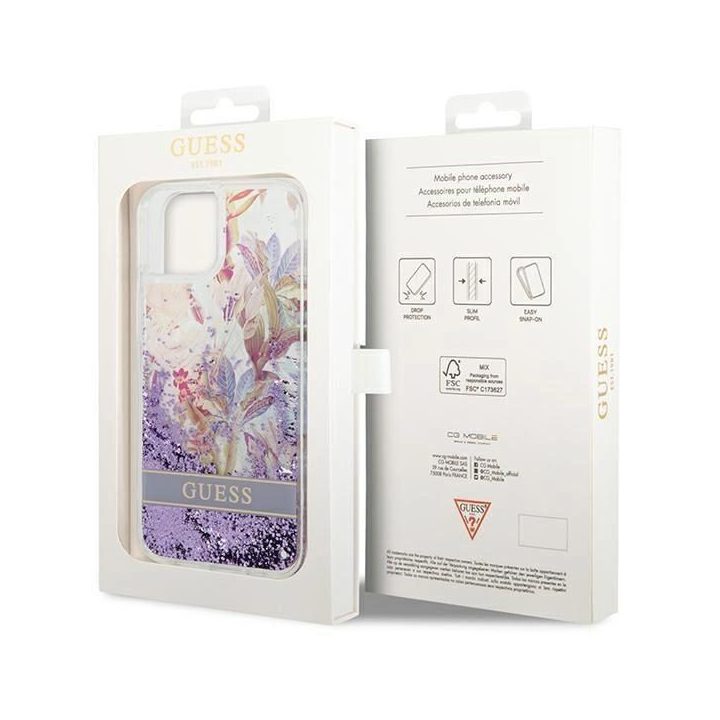 Guess GUHCP14MLFLSU iPhone 14 Plus 6.7 violetinės / violetinės spalvos deklas Flower Liquid Glitter