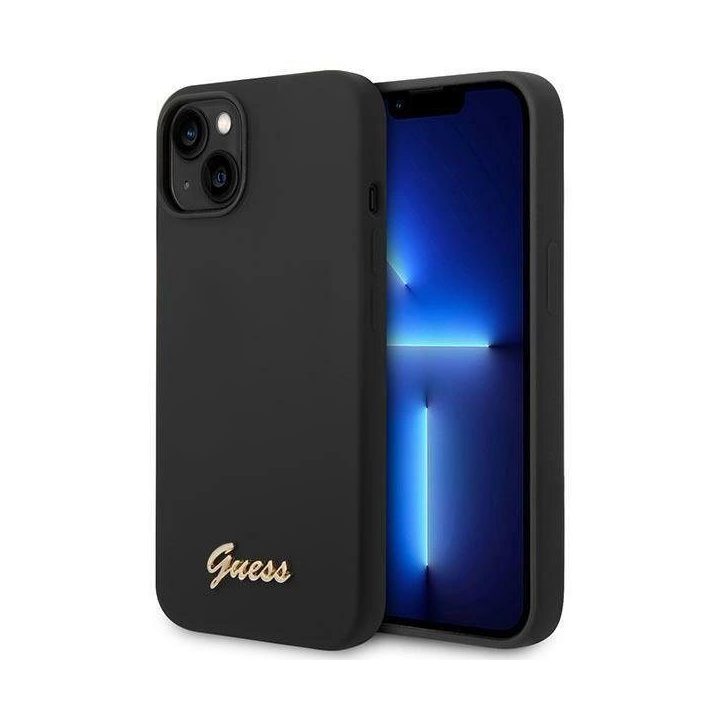 Guess GUHCP14MSLSMK iPhone 14 Plus 6.7 juodas / juodas deklas Silikono derliaus aukso logotipas
