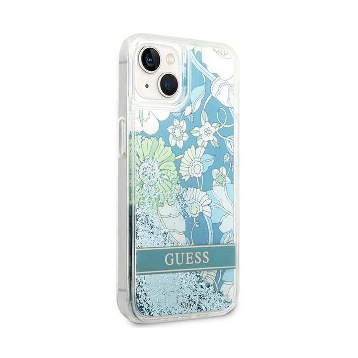 Guess GUHCP14SLFLSN iPhone 14 6.1 žalias / žalias deklas Flower Liquid Glitter