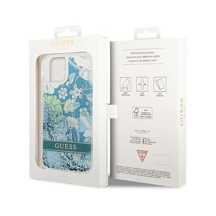 Guess GUHCP14SLFLSN iPhone 14 6.1 žalias / žalias deklas Flower Liquid Glitter