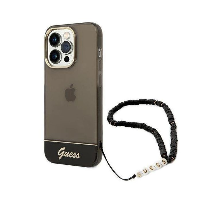 Guess GUHCP14XHGCOHK iPhone 14 Pro Max 6,7 juodas / juodas deklas Permatomas perlamutrinis dirželis