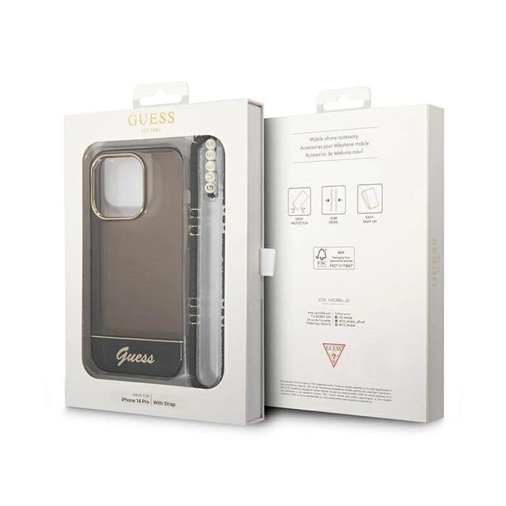 Guess GUHCP14XHGCOHK iPhone 14 Pro Max 6,7 juodas / juodas deklas Permatomas perlamutrinis dirželis