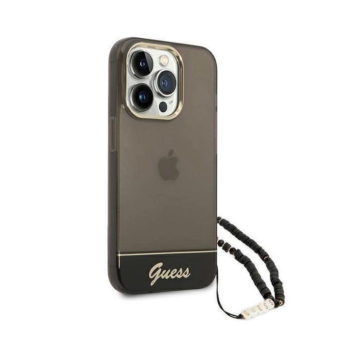 Guess GUHCP14XHGCOHK iPhone 14 Pro Max 6,7 juodas / juodas deklas Permatomas perlamutrinis dirželis