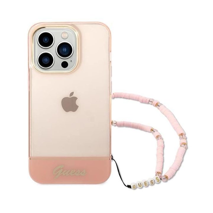 Guess GUHCP14XHGCOHP iPhone 14 Pro Max 6.7 rožinės/rožinės spalvos deklas Permatomas perlamutrinis dirželis