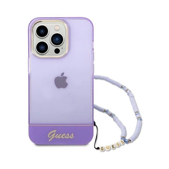 Guess GUHCP14XHGCOHU iPhone 14 Pro Max 6.7 violetinės/violetinės spalvos deklas Permatomas perlamutrinis dirželis