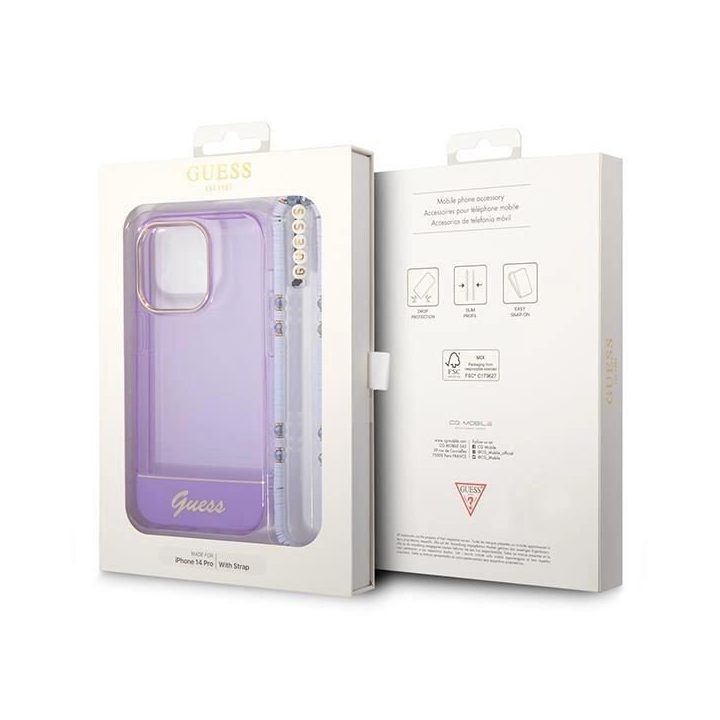 Guess GUHCP14XHGCOHU iPhone 14 Pro Max 6.7 violetinės/violetinės spalvos deklas Permatomas perlamutrinis dirželis