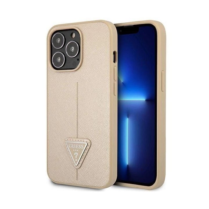 Guess GUHCP14XPSATLE iPhone 14 Pro Max 6.7 Smėlio spalvos / Smėlio spalvos deklas SaffianoTriangle Logo