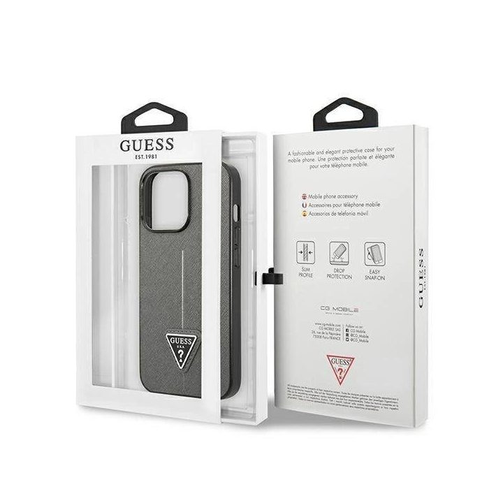 Guess GUHCP14XPSATLG iPhone 14 Pro Max 6.7 sidabro / sidabro spalvos deklas SaffianoTriangle Logo