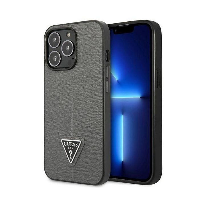 Guess GUHCP14XPSATLG iPhone 14 Pro Max 6.7 sidabro / sidabro spalvos deklas SaffianoTriangle Logo