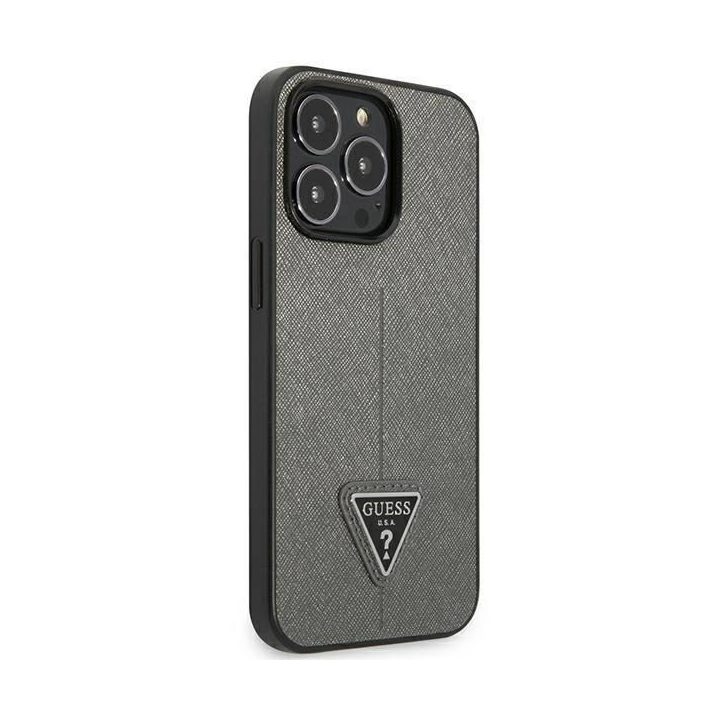 Guess GUHCP14XPSATLG iPhone 14 Pro Max 6.7 sidabro / sidabro spalvos deklas SaffianoTriangle Logo