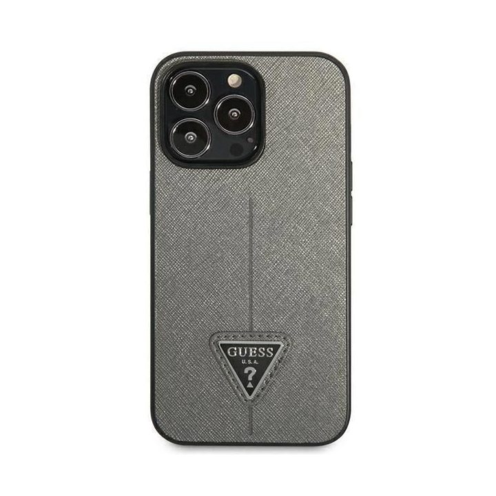 Guess GUHCP14XPSATLG iPhone 14 Pro Max 6.7 sidabro / sidabro spalvos deklas SaffianoTriangle Logo