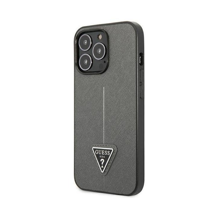 Guess GUHCP14XPSATLG iPhone 14 Pro Max 6.7 sidabro / sidabro spalvos deklas SaffianoTriangle Logo