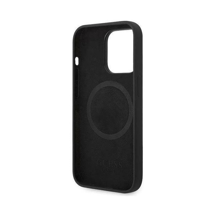 Guess GUHMP14LSBPLK iPhone 14 Pro 6.1 juodos/juodos spalvos deklas Silikoninė logotipo plokštelė MagSafe